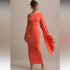 Club L London One-Shoulder Coral Orange Maxi Dress